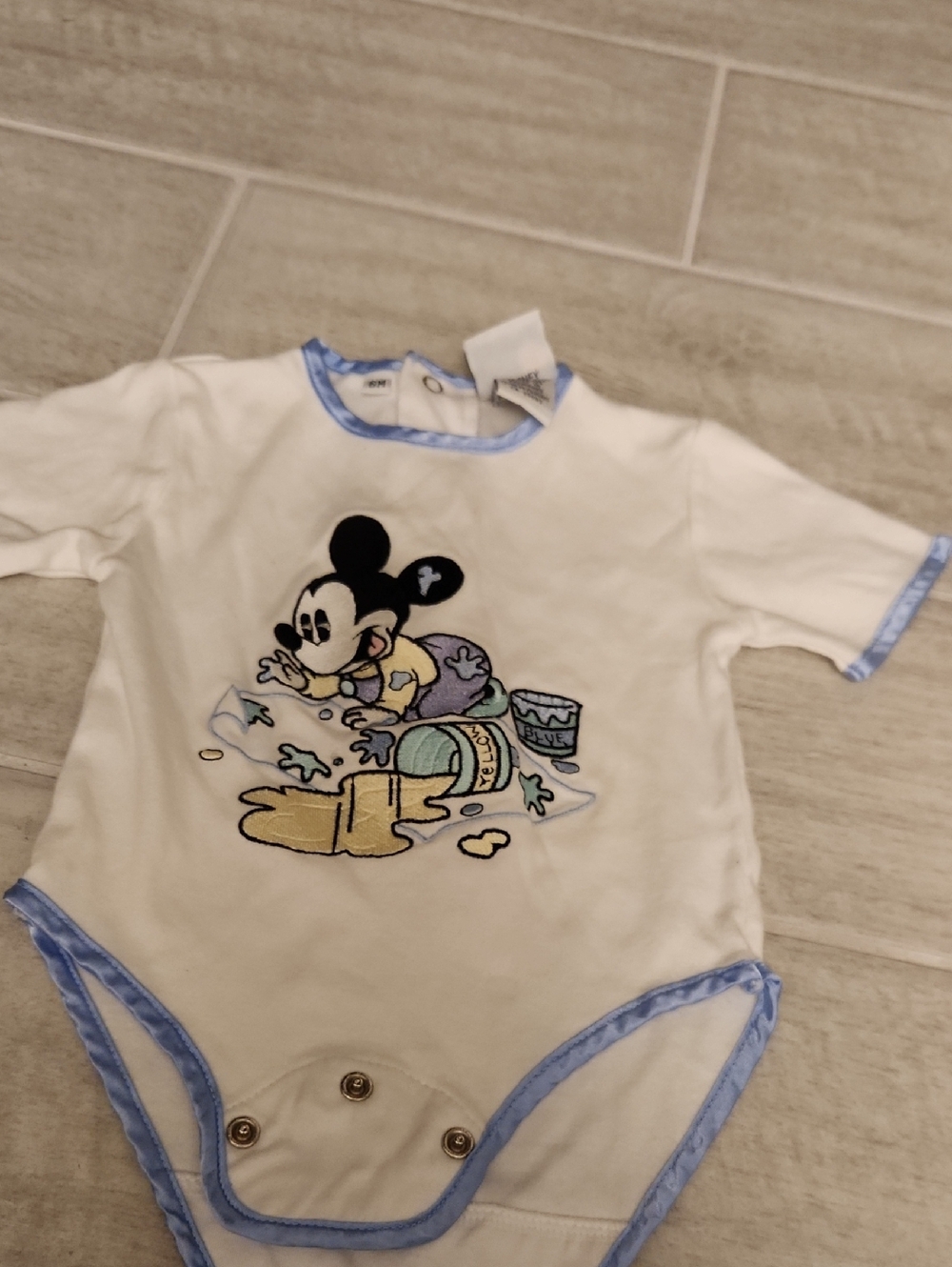 White and Light Blue Baby One-Piece with Mickey Graphic